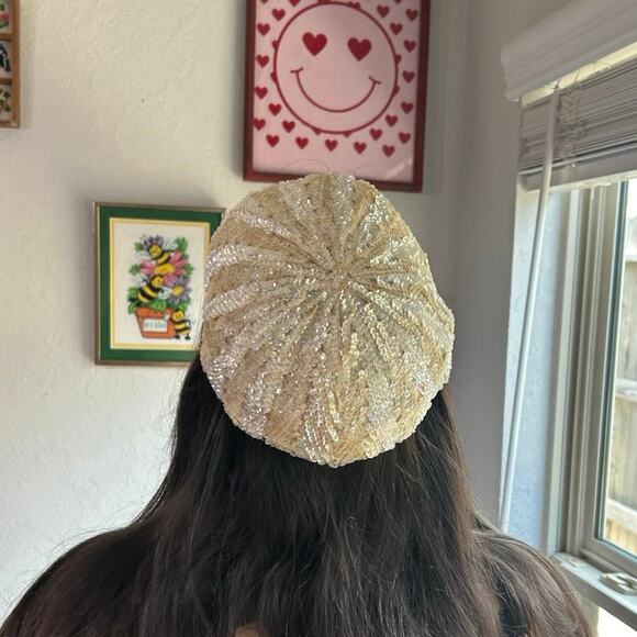 Sequin Iridescent  Cream- Fascinator- Cap- some staining missing sequin- - Picture 1 of 8